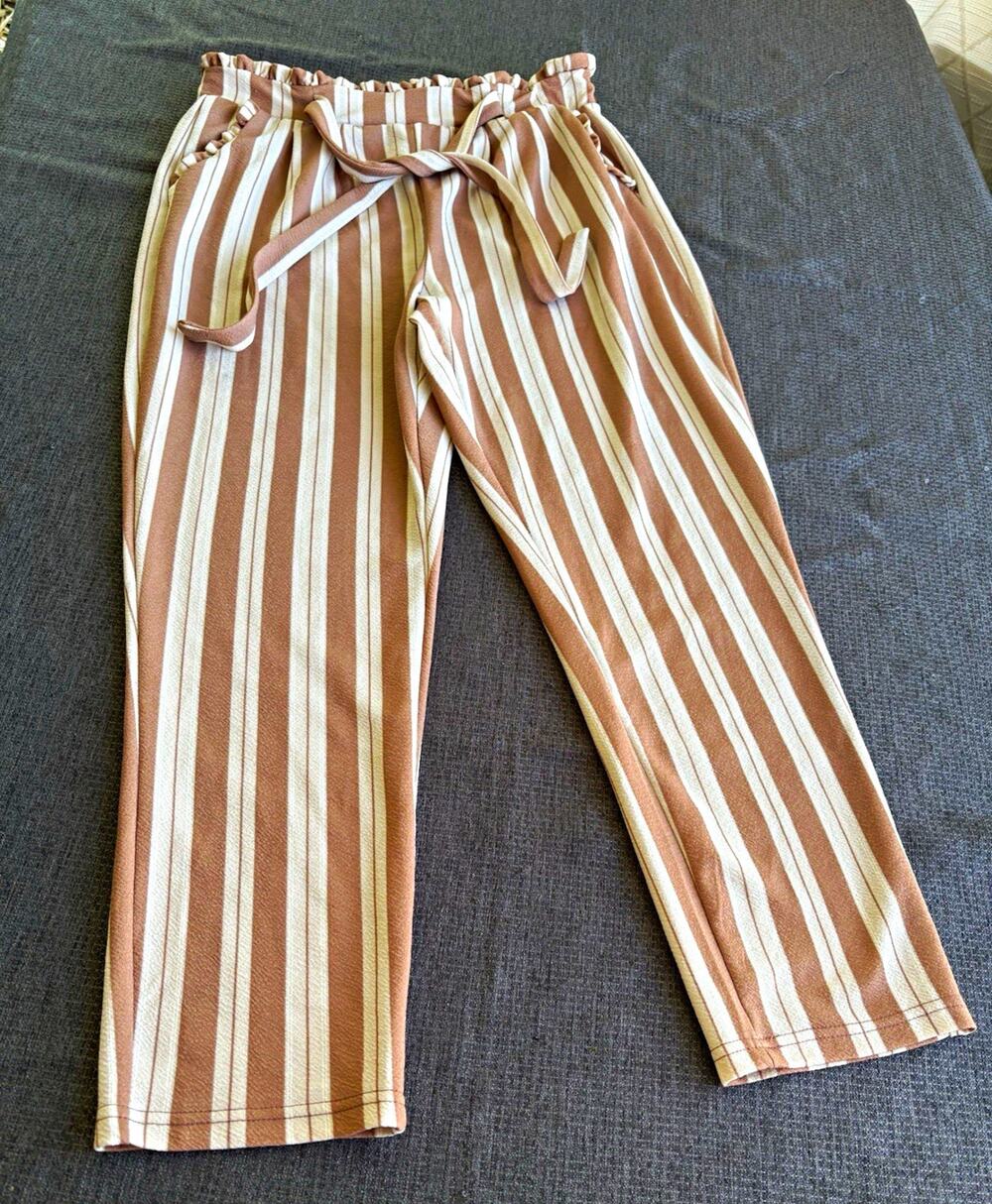 No Comment NY•LA Women's XL Brown/White Striped Paperbag Tie Waist Pants
